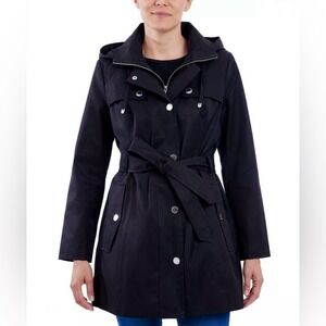 London Fog Black Classic Trench Coat with Belt, Hood, and Pockets XXL L